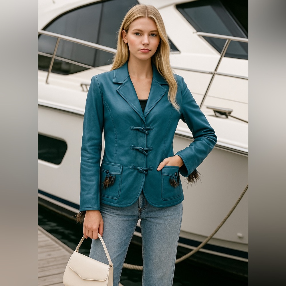 Pamela McCoy Teal Genuine Leather Jacket